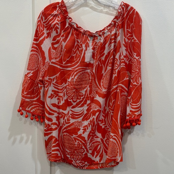 Unique Spectrum Red Floral Peasant Blouse with Pom Trim - Picture 5 of 5